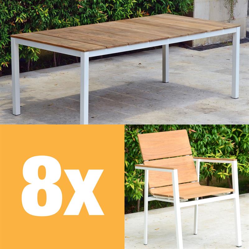 Ensemble de chaises empilables Fides Color 200 en teck de qualité A avec structure en aluminium composé d'une table Fides Color 200 x 100 avec des chaises empilables Fides Color