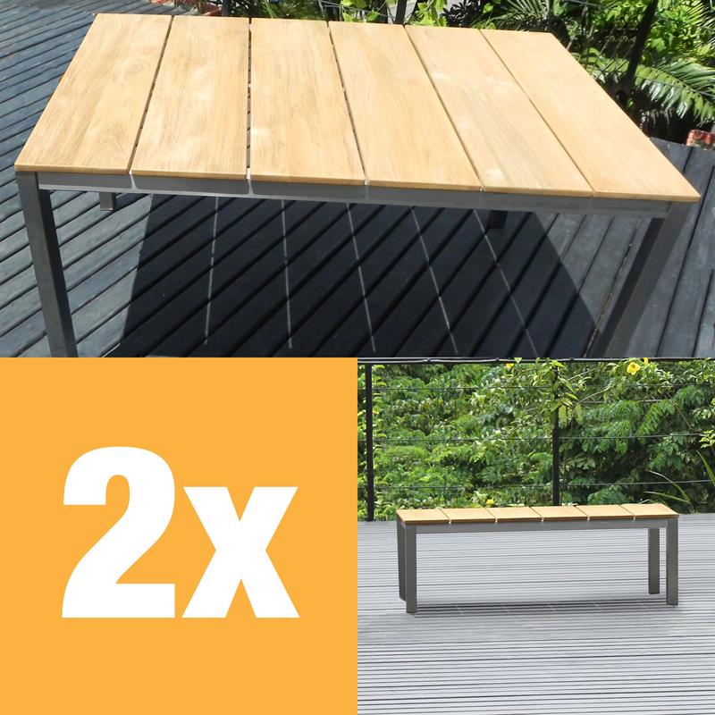 Fides bench set 150/2 consisting of Fides dining table 150 x 100 teak with stainless steel frame and 2 Fides garden benches without backrest 130 x 45cm teak with stainless steel
