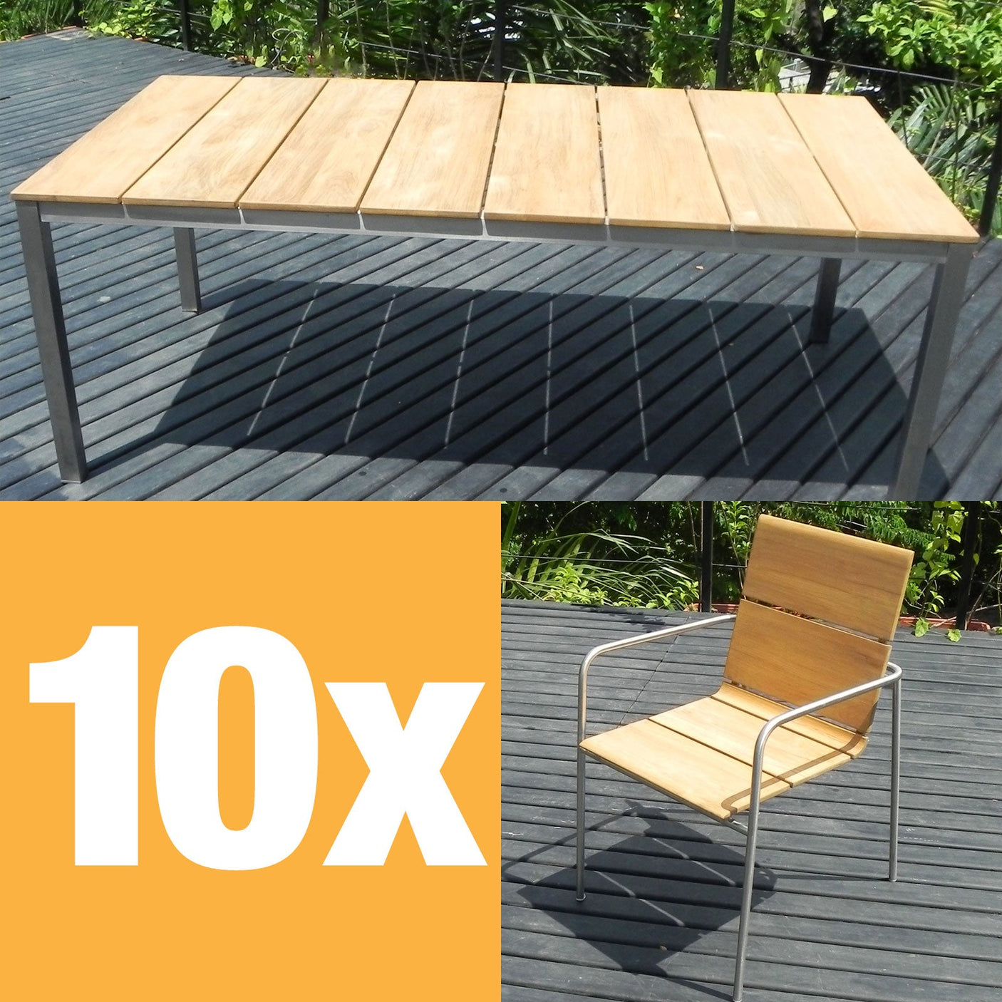 Fides stacking chair set 200 Teak Grade A with stainless steel frame consisting of Fides dining table 200 x 100 and Fides stacking chairs Teak Grade A with stainless steel frame