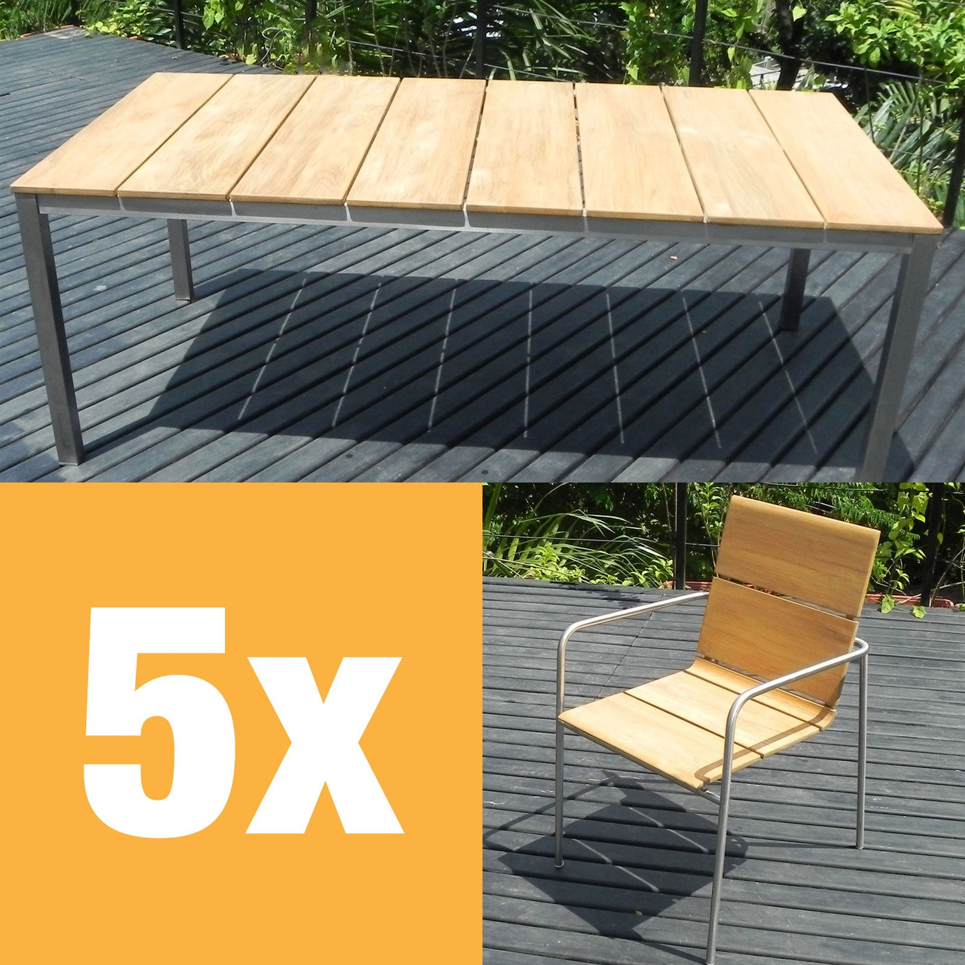 Fides stacking chair set 200 Teak Grade A with stainless steel frame consisting of Fides dining table 200 x 100 and Fides stacking chairs Teak Grade A with stainless steel frame