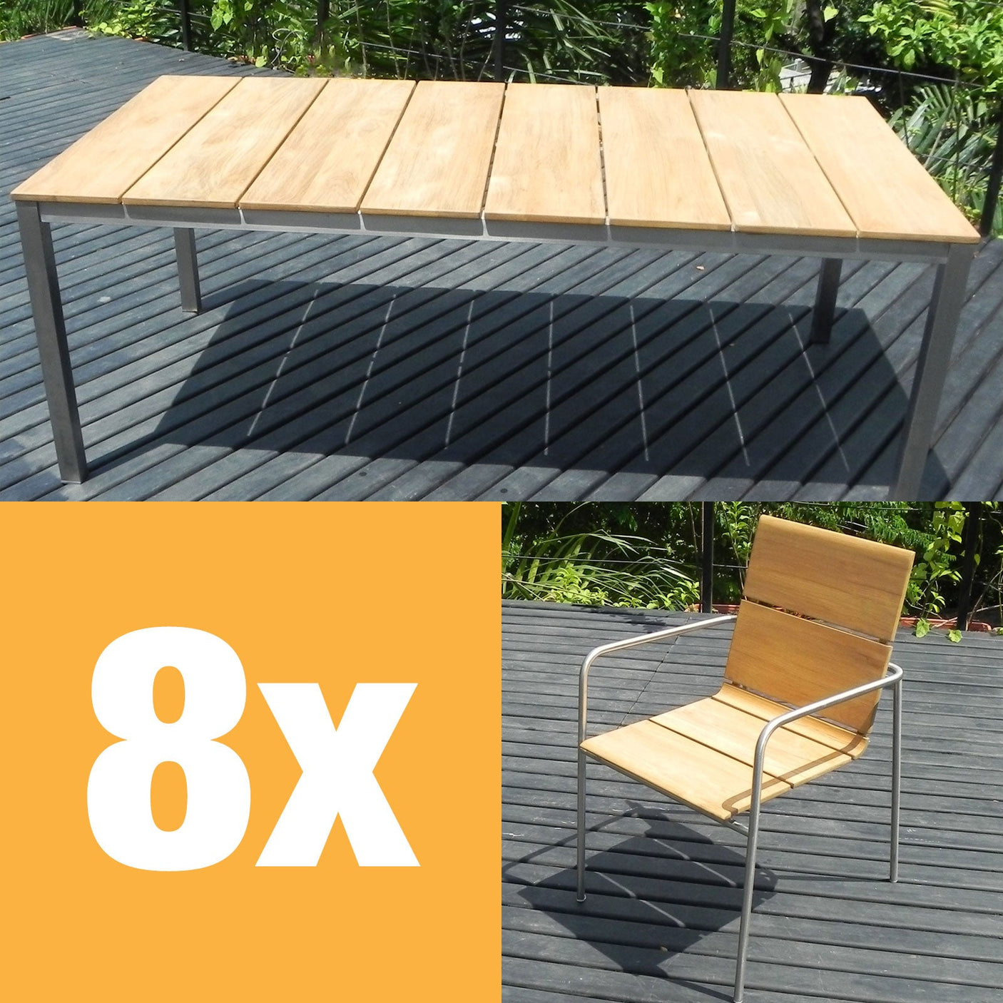 Fides stacking chair set 200 Teak Grade A with stainless steel frame consisting of Fides dining table 200 x 100 and Fides stacking chairs Teak Grade A with stainless steel frame