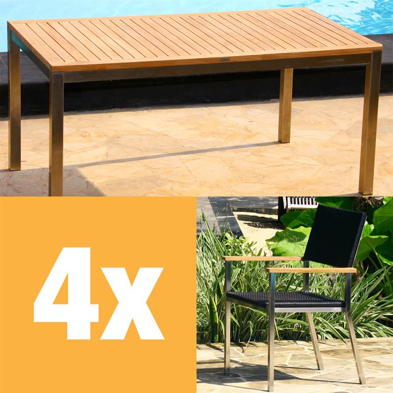 Florence Set 160 consisting of Florence dining table 160 x 90 and Florence stacking chairs wicker with stainless steel and teak