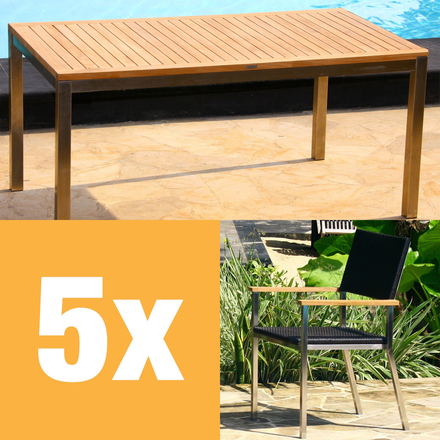 Florence Set 160 consisting of Florence dining table 160 x 90 and Florence stacking chairs wicker with stainless steel and teak