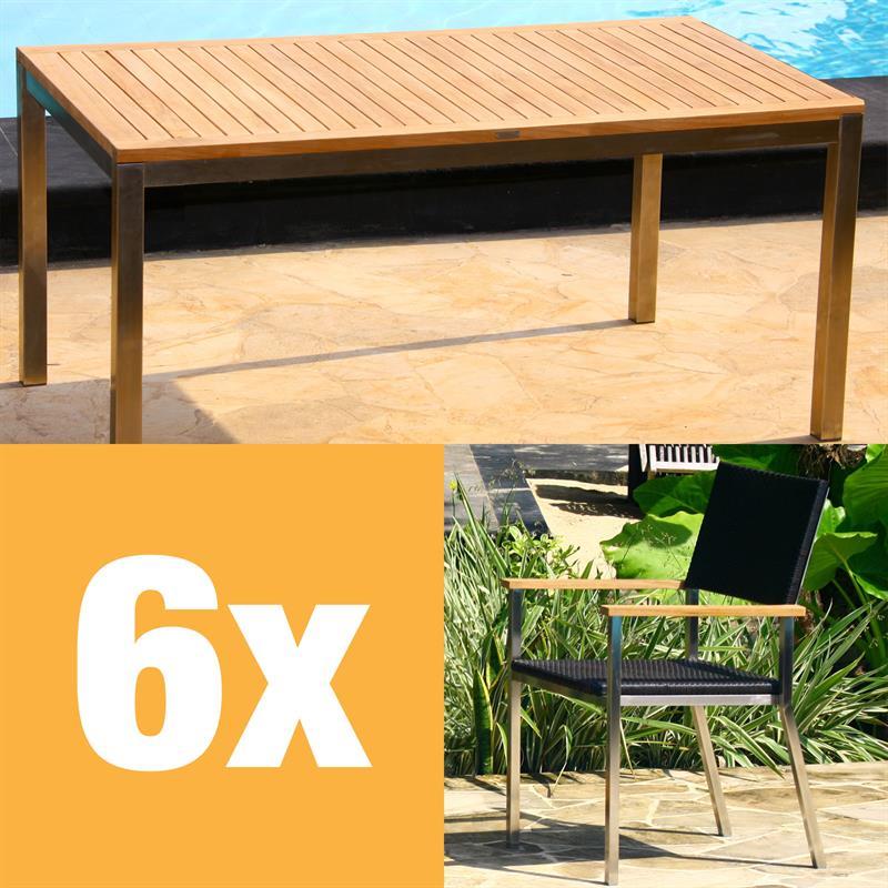 Florence Set 160 consisting of Florence dining table 160 x 90 and Florence stacking chairs wicker with stainless steel and teak