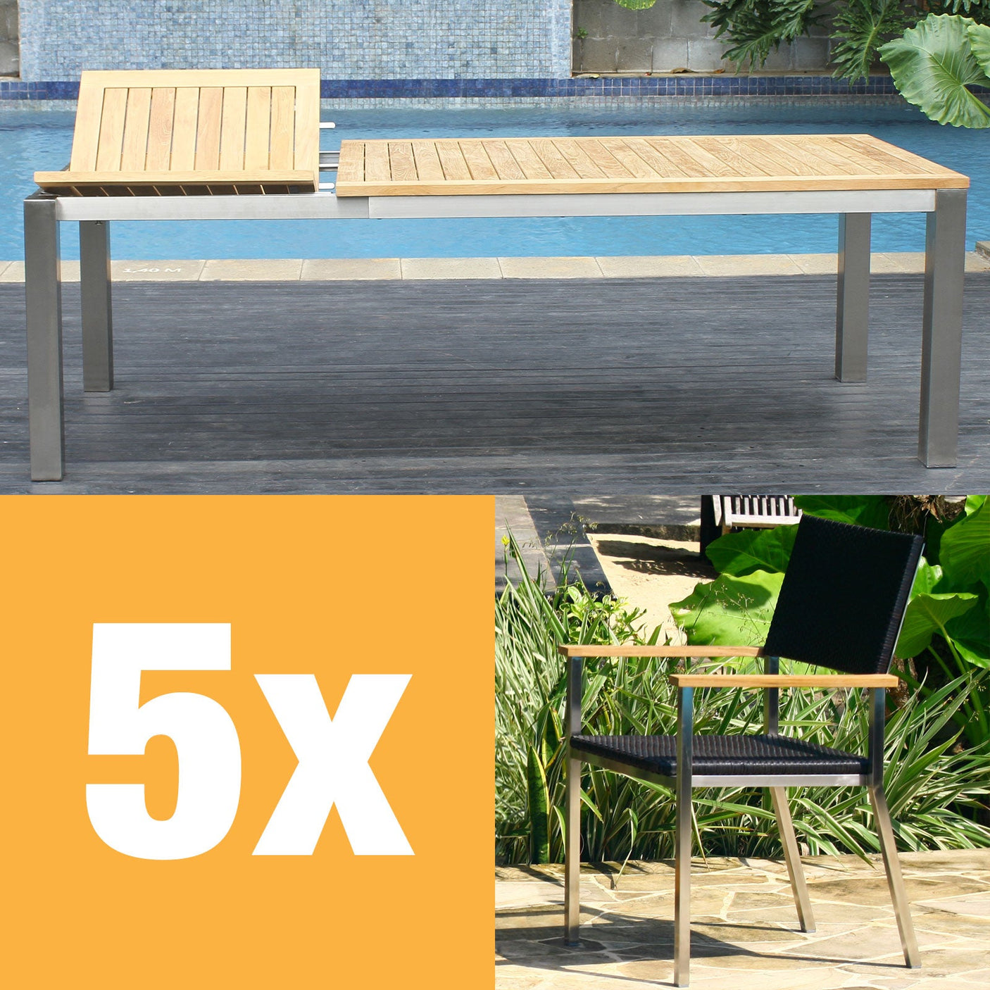 Florence front extending table set 230 consisting of Florence front extending table 230/160 x 100 teak with stainless steel frame and Florence stacking chairs wicker with stainless steel and teak