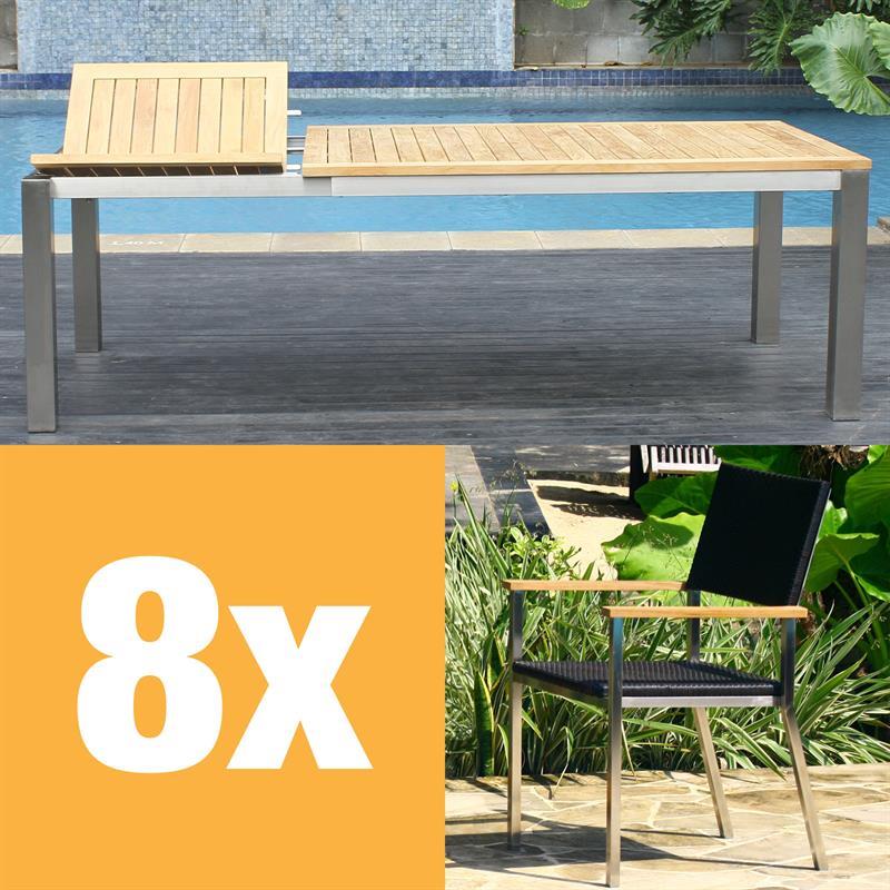 Florence front extending table set 230 consisting of Florence front extending table 230/160 x 100 teak with stainless steel frame and Florence stacking chairs wicker with stainless steel and teak