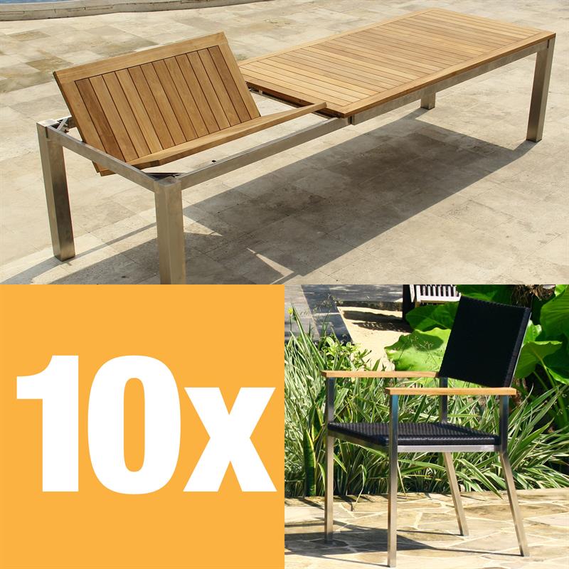 Florence front extending table set 310 consisting of Florence front extending table 310/210 x 100 with stainless steel frame and Florence stacking chairs wicker with stainless steel and teak