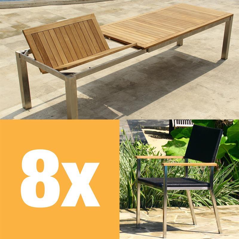 Florence front extending table set 310 consisting of Florence front extending table 310/210 x 100 with stainless steel frame and Florence stacking chairs wicker with stainless steel and teak