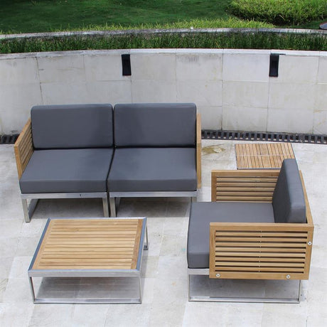 Tessin Lounge Set consisting of: 1 x side module right, 1 x corner module, 1 x middle module, 1 x side module left, 1 x Tessin single seater all with upholstery in Sunproof and 1x ottoman without upholstery