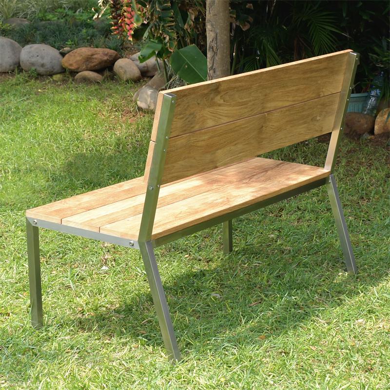 Makan Gartenbank mit Rückenlehne 122 Teak gebürstet mit Edelstahlgestell 122x63x90 cm