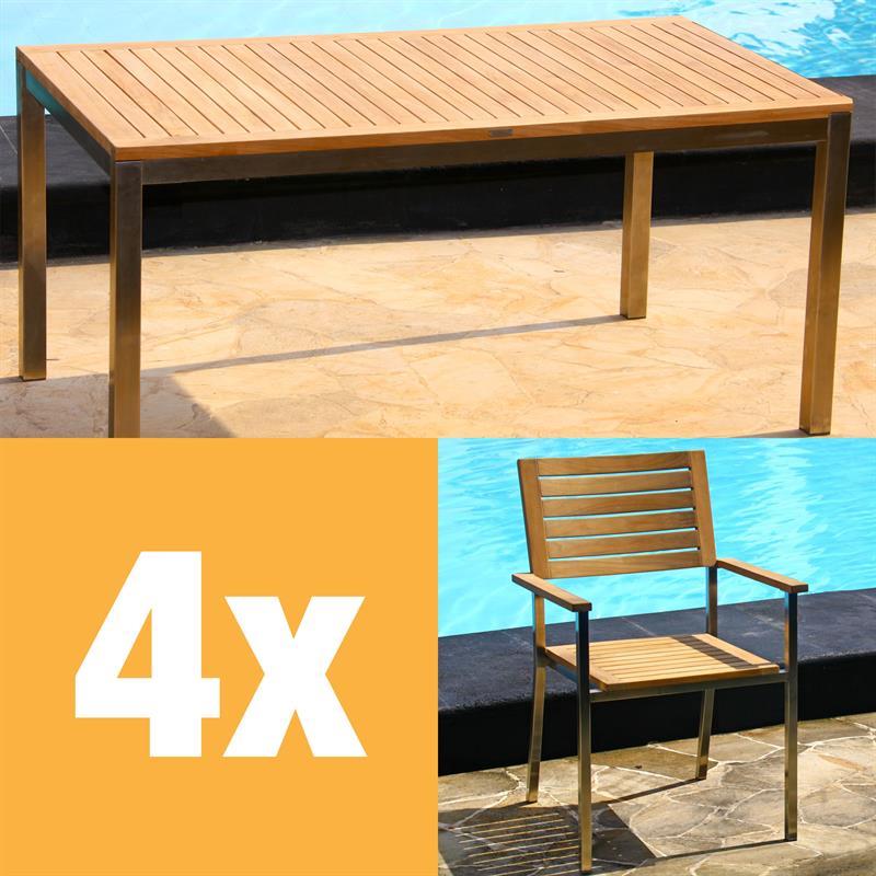 Moselle Set 160 consisting of Florence dining table 160 x 90 teak with stainless steel frame and Moselle stacking chairs teak with stainless steel
