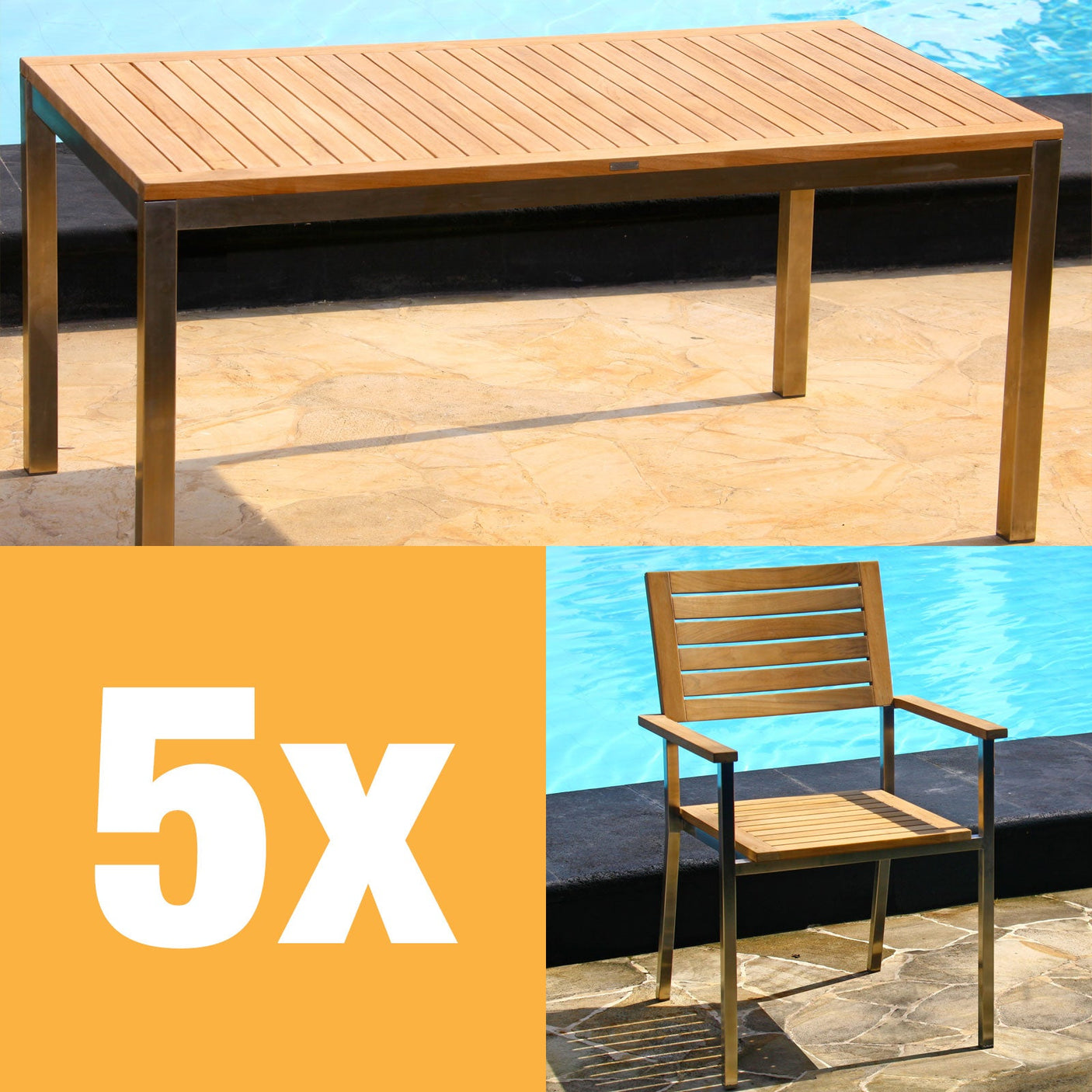 Moselle Set 160 consisting of Florence dining table 160 x 90 teak with stainless steel frame and Moselle stacking chairs teak with stainless steel