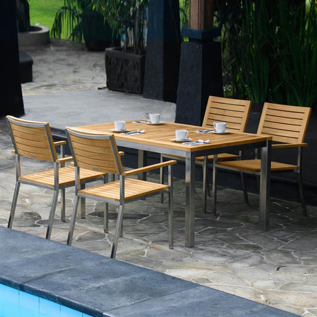 Moselle Set 160 consisting of Florence dining table 160 x 90 teak with stainless steel frame and Moselle stacking chairs teak with stainless steel