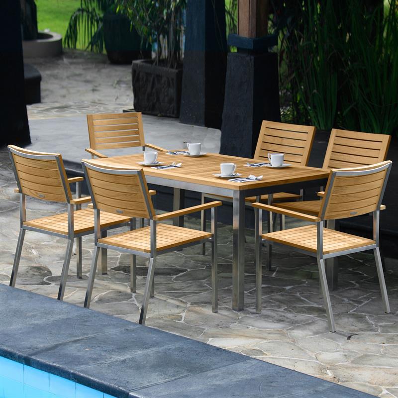 Moselle Set 160 consisting of Florence dining table 160 x 90 teak with stainless steel frame and Moselle stacking chairs teak with stainless steel