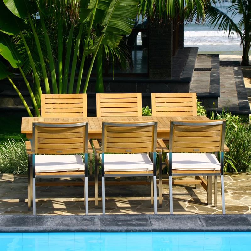 Moselle extendable table set 280 consisting of Moselle double extendable table 280/235/190x100 and Moselle stackable chairs made of teak with stainless steel