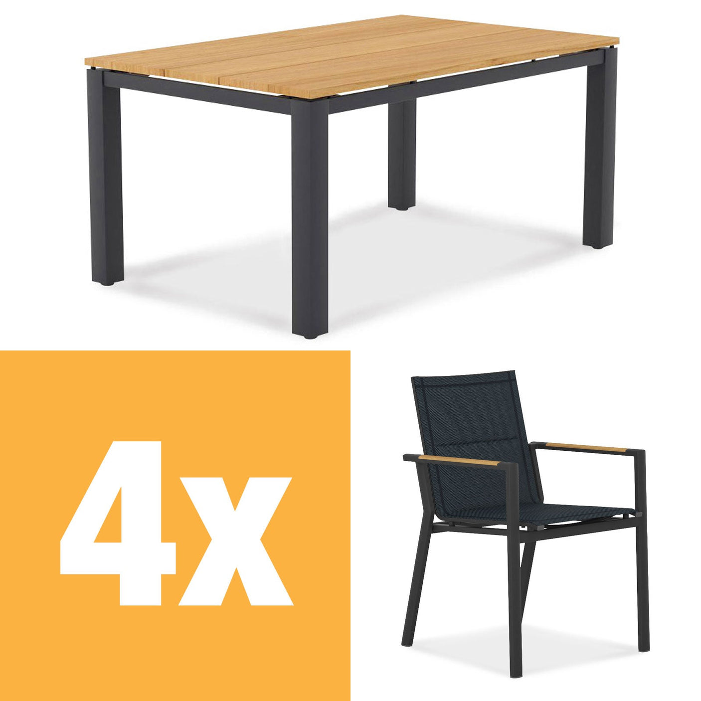 Planka aluminum dining table set 160 consisting of Planka aluminum dining table 160x100 powder-coated teak grade A brushed with aluminum frame and Gazelig stacking chairs made of aluminum and Batyline