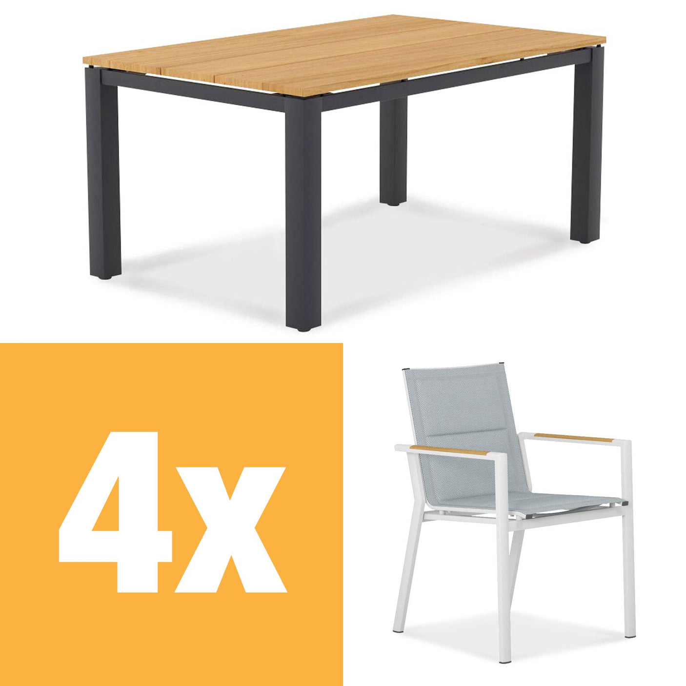 Planka aluminum dining table set 160 consisting of Planka aluminum dining table 160x100 powder-coated teak grade A brushed with aluminum frame and Gazelig stacking chairs made of aluminum and Batyline