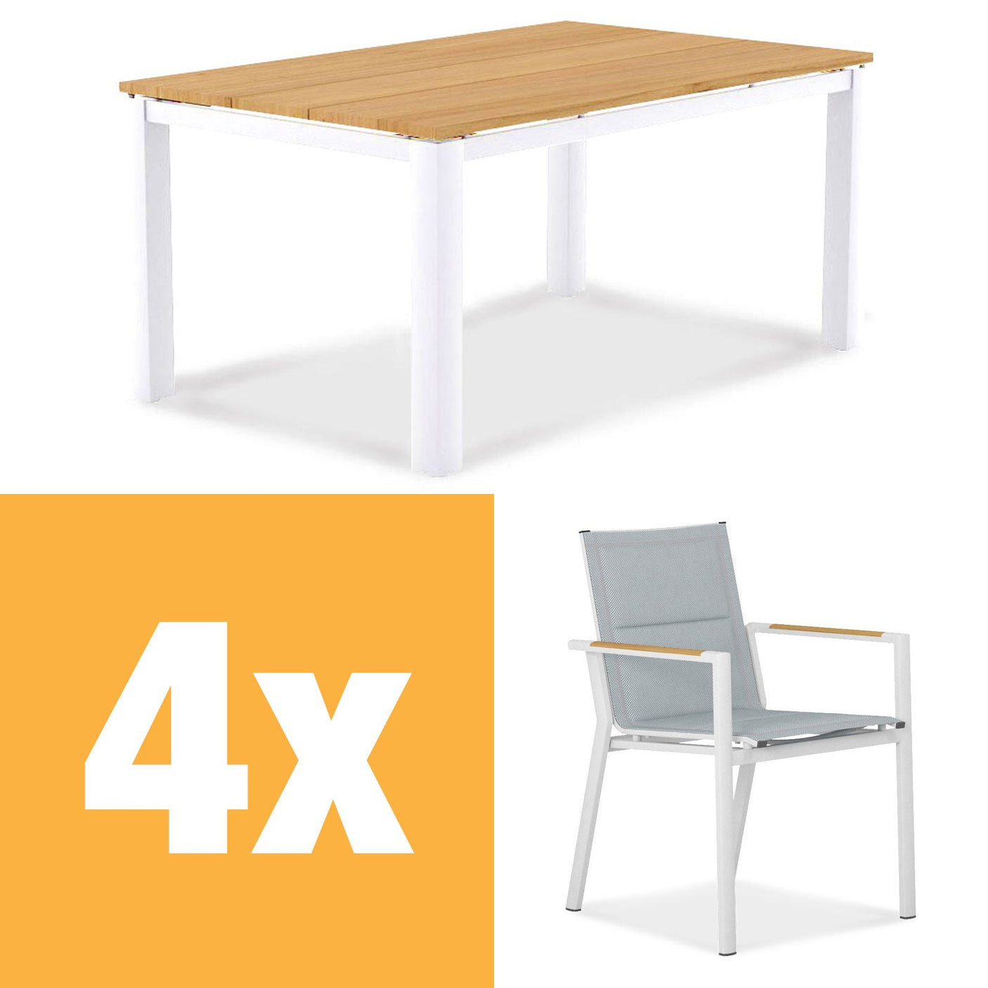 Planka aluminum dining table set 160 consisting of Planka aluminum dining table 160x100 powder-coated teak grade A brushed with aluminum frame and Gazelig stacking chairs made of aluminum and Batyline