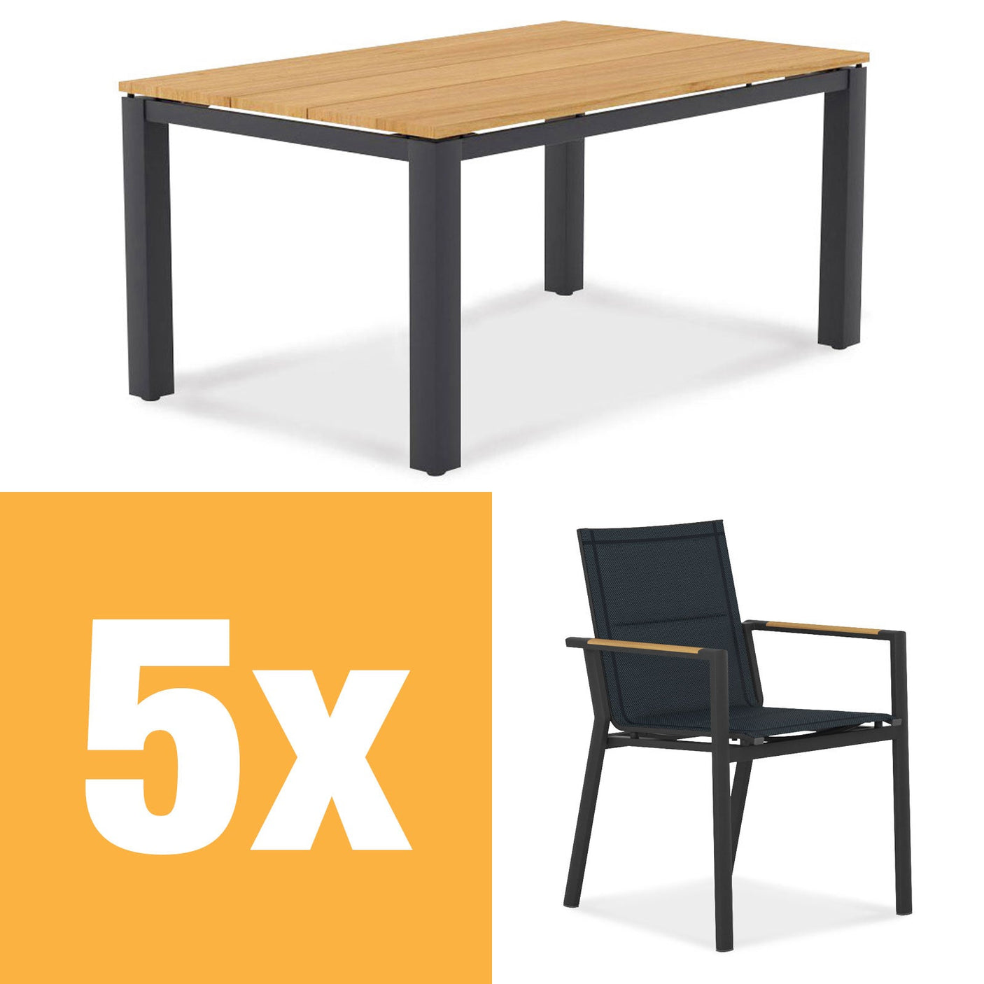Planka aluminum dining table set 160 consisting of Planka aluminum dining table 160x100 powder-coated teak grade A brushed with aluminum frame and Gazelig stacking chairs made of aluminum and Batyline