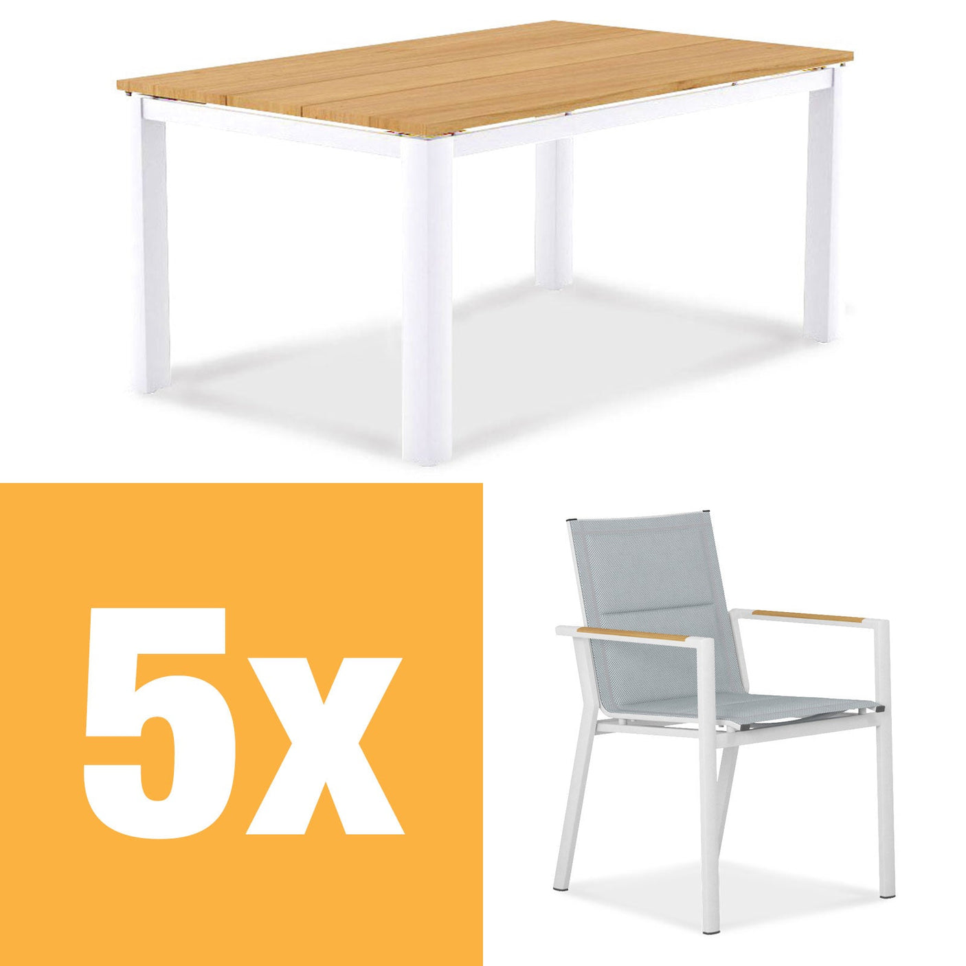 Planka aluminum dining table set 160 consisting of Planka aluminum dining table 160x100 powder-coated teak grade A brushed with aluminum frame and Gazelig stacking chairs made of aluminum and Batyline