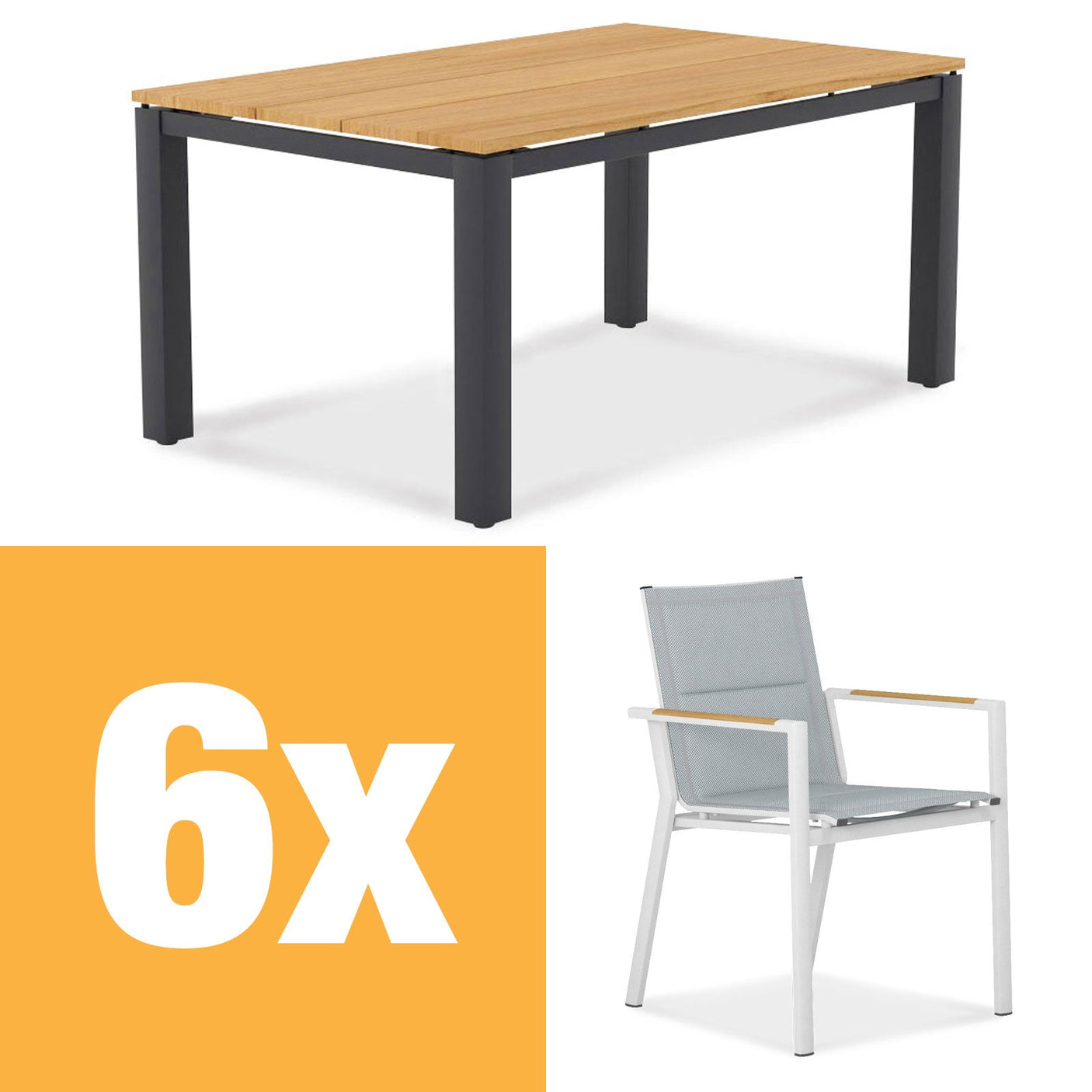 Planka aluminum dining table set 160 consisting of Planka aluminum dining table 160x100 powder-coated teak grade A brushed with aluminum frame and Gazelig stacking chairs made of aluminum and Batyline