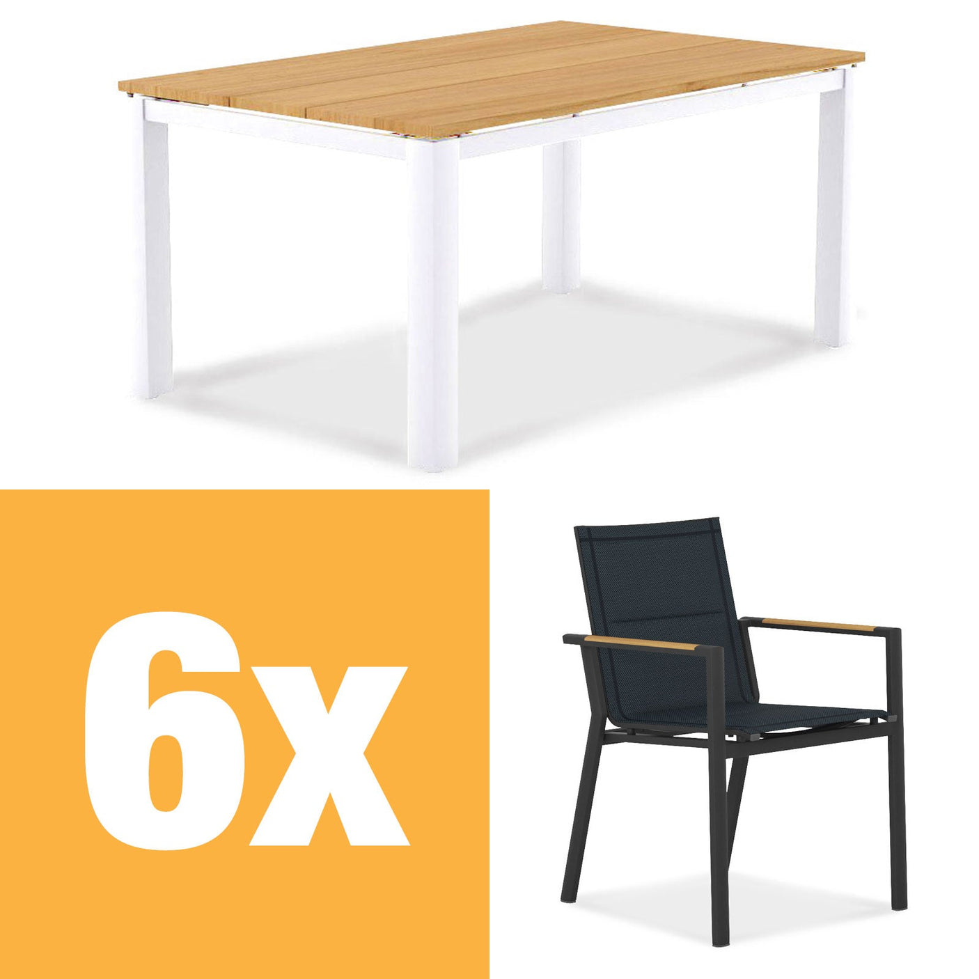 Planka aluminum dining table set 160 consisting of Planka aluminum dining table 160x100 powder-coated teak grade A brushed with aluminum frame and Gazelig stacking chairs made of aluminum and Batyline