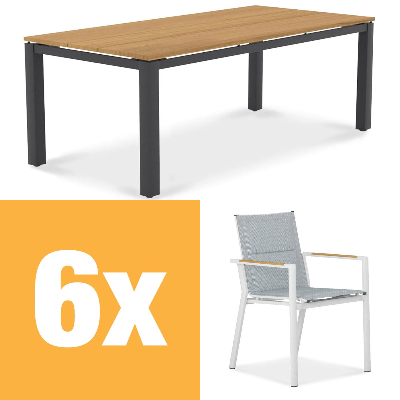 Ensemble de table à manger en aluminium Planka 210 composé d'une table à manger en aluminium Planka 210x100 en teck thermolaqué grade A brossé avec cadre en aluminium et chaises empilables Gazelig en aluminium et Batyline