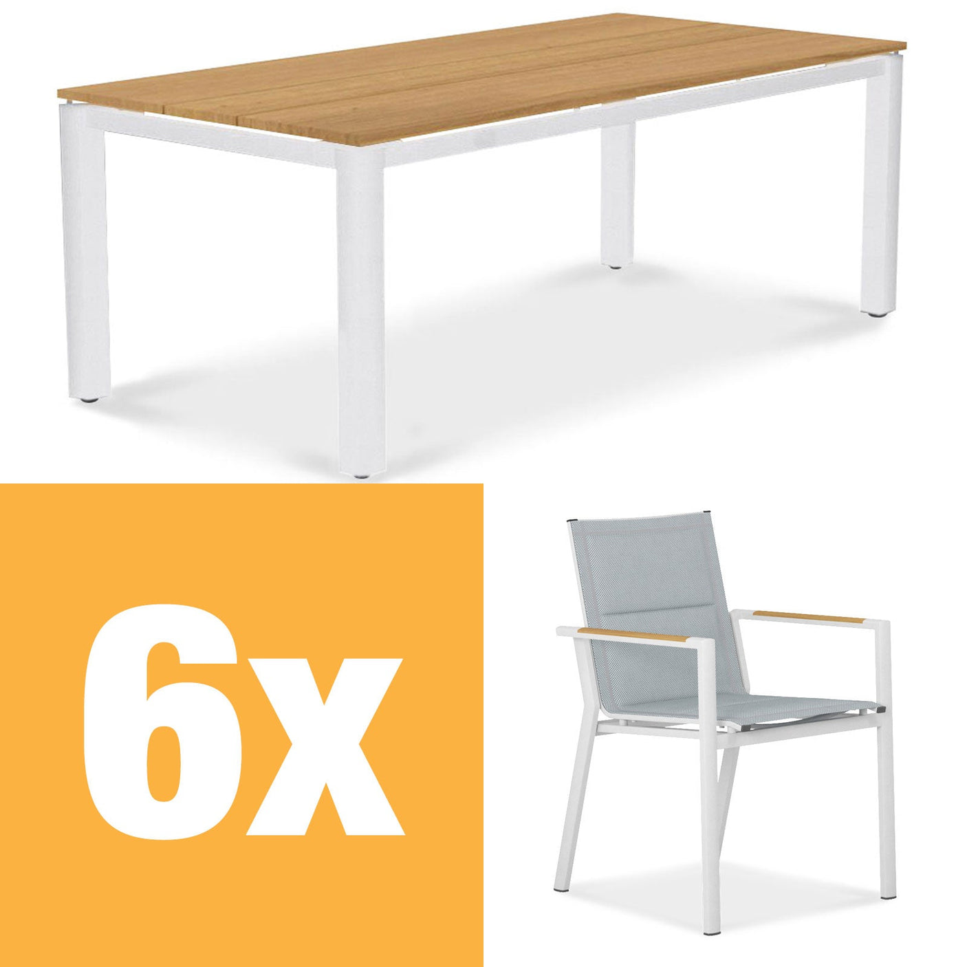 Ensemble de table à manger en aluminium Planka 210 composé d'une table à manger en aluminium Planka 210x100 en teck thermolaqué grade A brossé avec cadre en aluminium et chaises empilables Gazelig en aluminium et Batyline