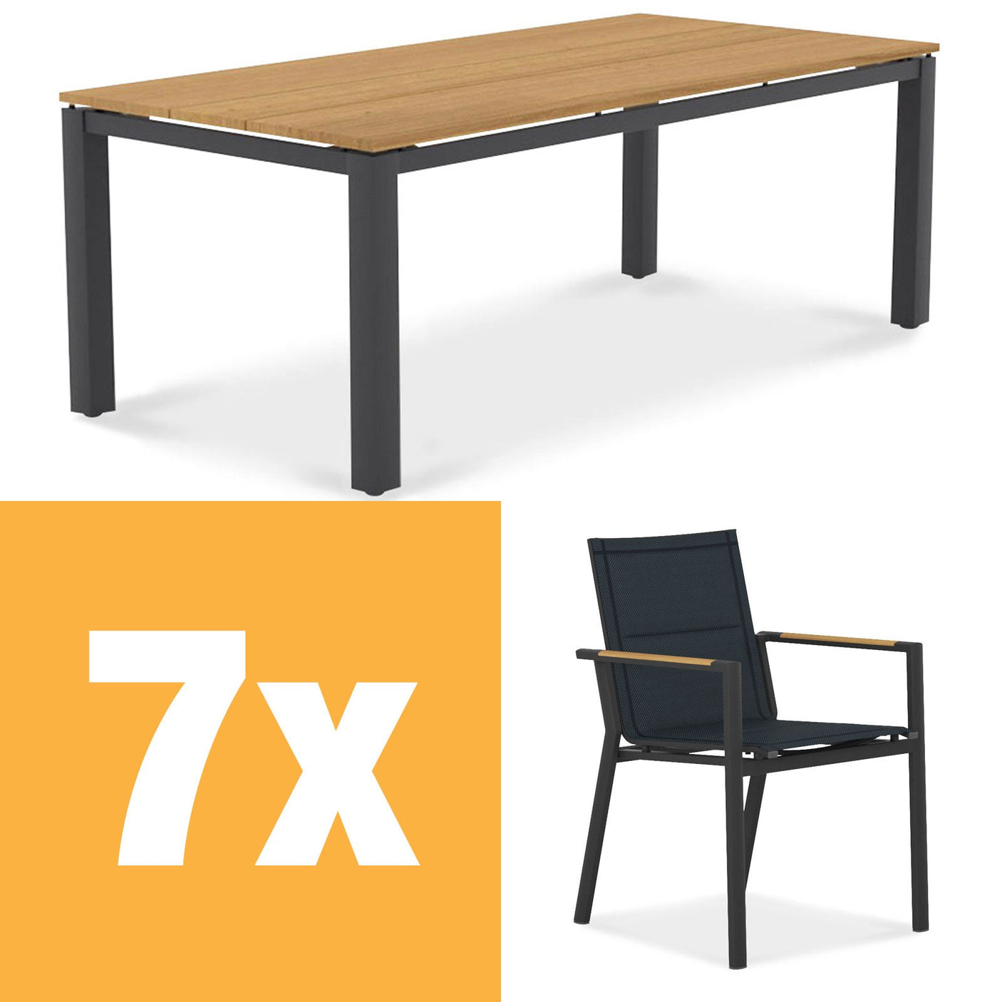 Ensemble de table à manger en aluminium Planka 210 composé d'une table à manger en aluminium Planka 210x100 en teck thermolaqué grade A brossé avec cadre en aluminium et chaises empilables Gazelig en aluminium et Batyline