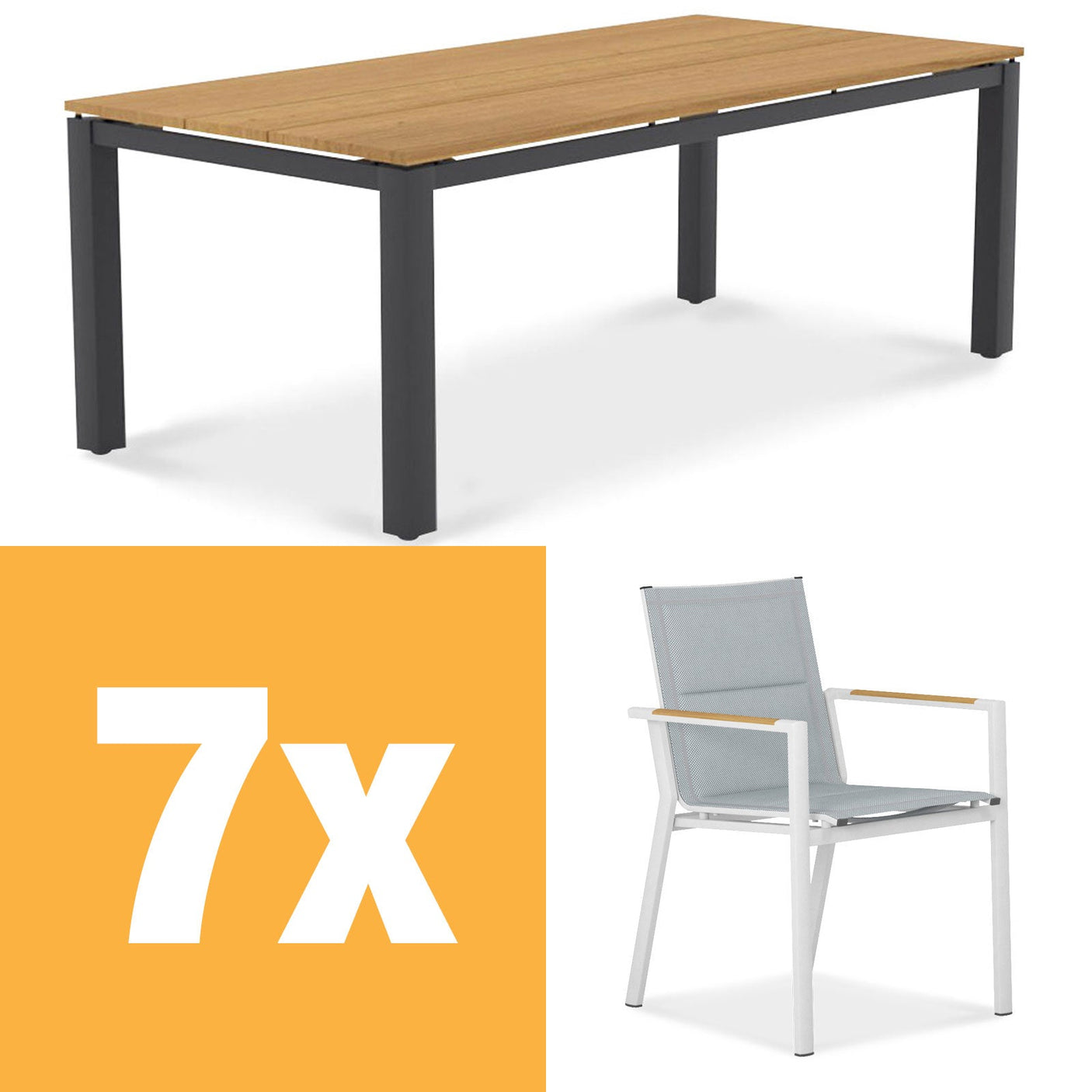 Ensemble de table à manger en aluminium Planka 210 composé d'une table à manger en aluminium Planka 210x100 en teck thermolaqué grade A brossé avec cadre en aluminium et chaises empilables Gazelig en aluminium et Batyline