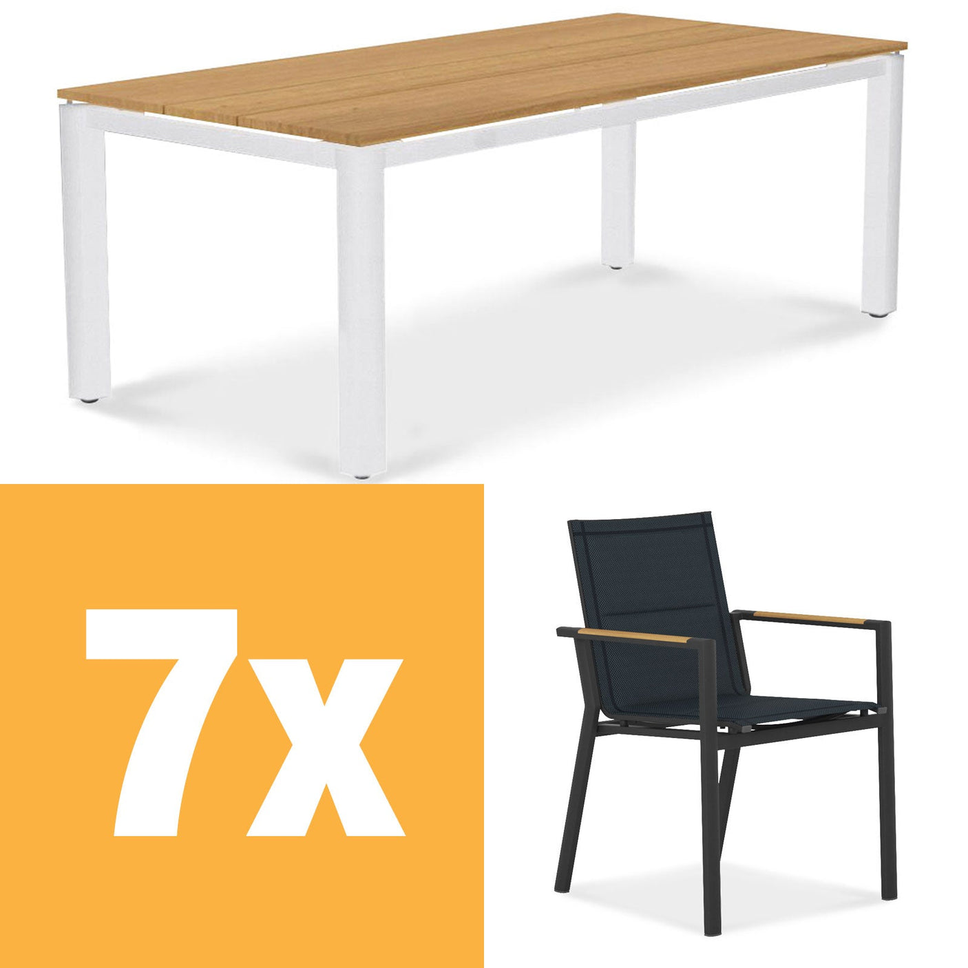 Ensemble de table à manger en aluminium Planka 210 composé d'une table à manger en aluminium Planka 210x100 en teck thermolaqué grade A brossé avec cadre en aluminium et chaises empilables Gazelig en aluminium et Batyline