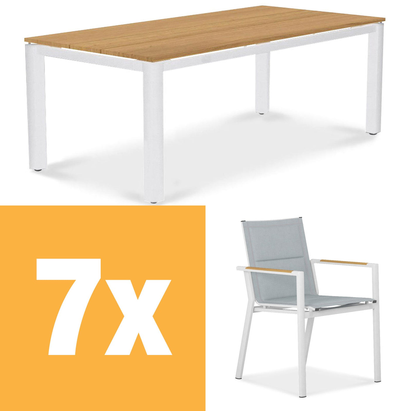 Ensemble de table à manger en aluminium Planka 210 composé d'une table à manger en aluminium Planka 210x100 en teck thermolaqué grade A brossé avec cadre en aluminium et chaises empilables Gazelig en aluminium et Batyline