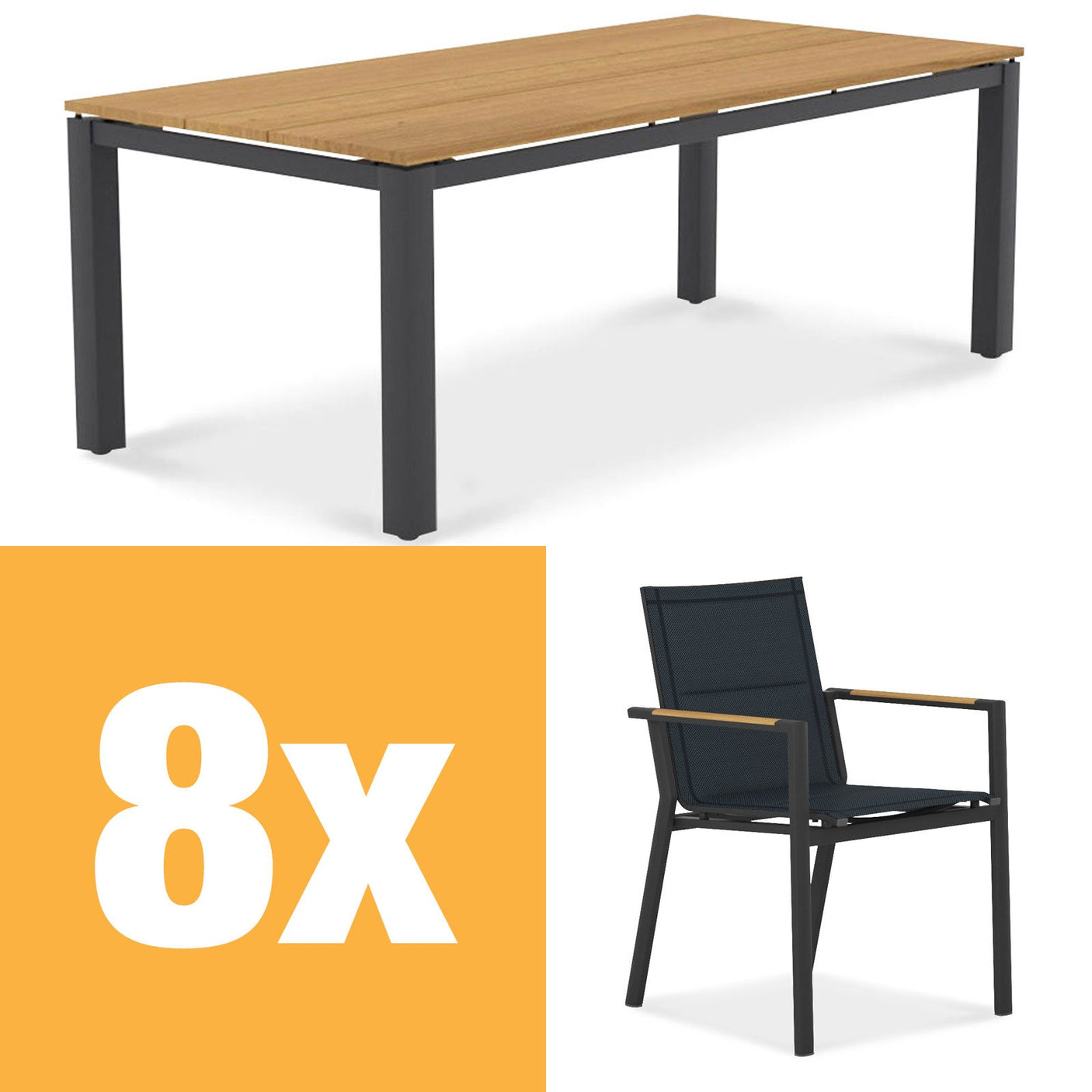 Ensemble de table à manger en aluminium Planka 210 composé d'une table à manger en aluminium Planka 210x100 en teck thermolaqué grade A brossé avec cadre en aluminium et chaises empilables Gazelig en aluminium et Batyline