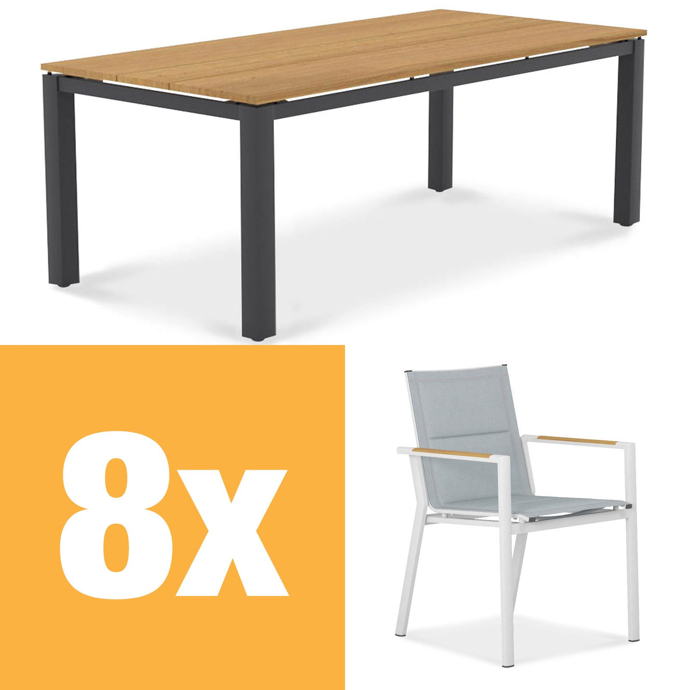 Ensemble de table à manger en aluminium Planka 210 composé d'une table à manger en aluminium Planka 210x100 en teck thermolaqué grade A brossé avec cadre en aluminium et chaises empilables Gazelig en aluminium et Batyline