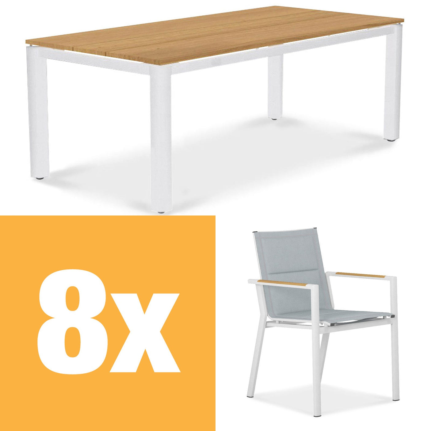 Ensemble de table à manger en aluminium Planka 210 composé d'une table à manger en aluminium Planka 210x100 en teck thermolaqué grade A brossé avec cadre en aluminium et chaises empilables Gazelig en aluminium et Batyline