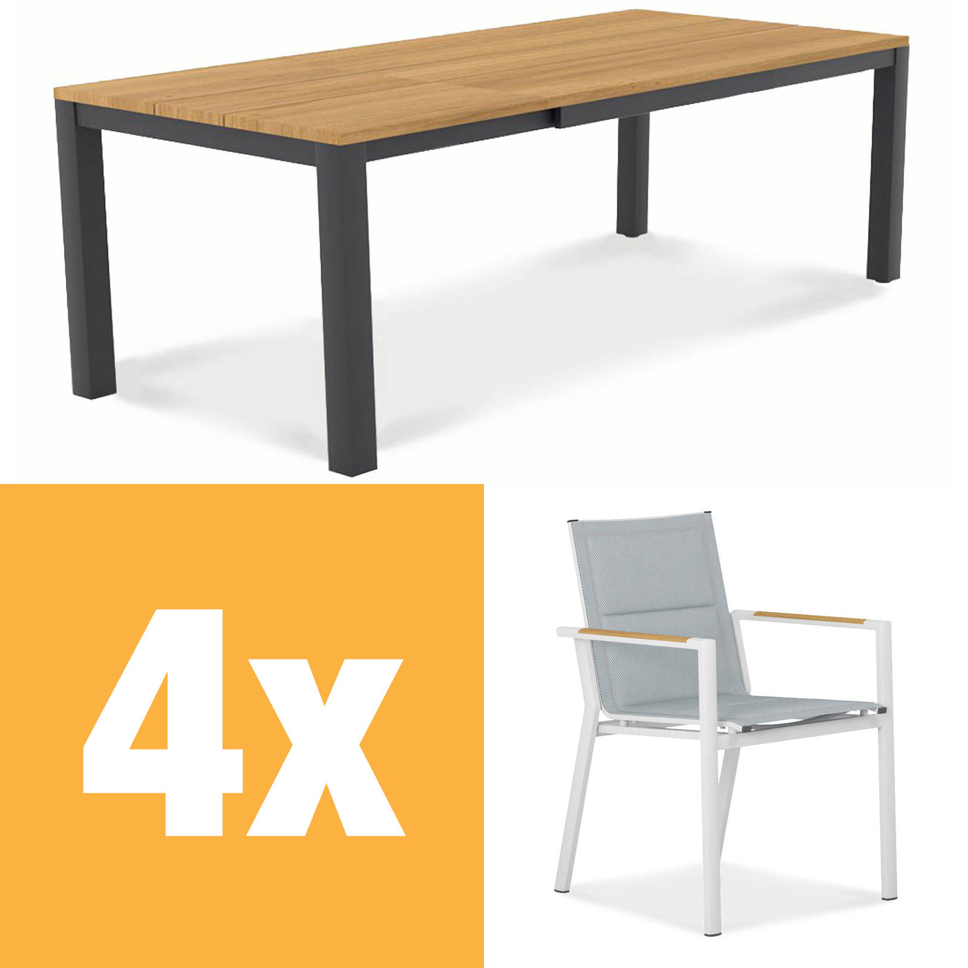 Planka aluminum front extending table set 250 consisting of Planka aluminum front extending table 250/180 x 90 Teak Grade A brushed with aluminum frame and Gazelig stacking chairs made of aluminum and Batyline