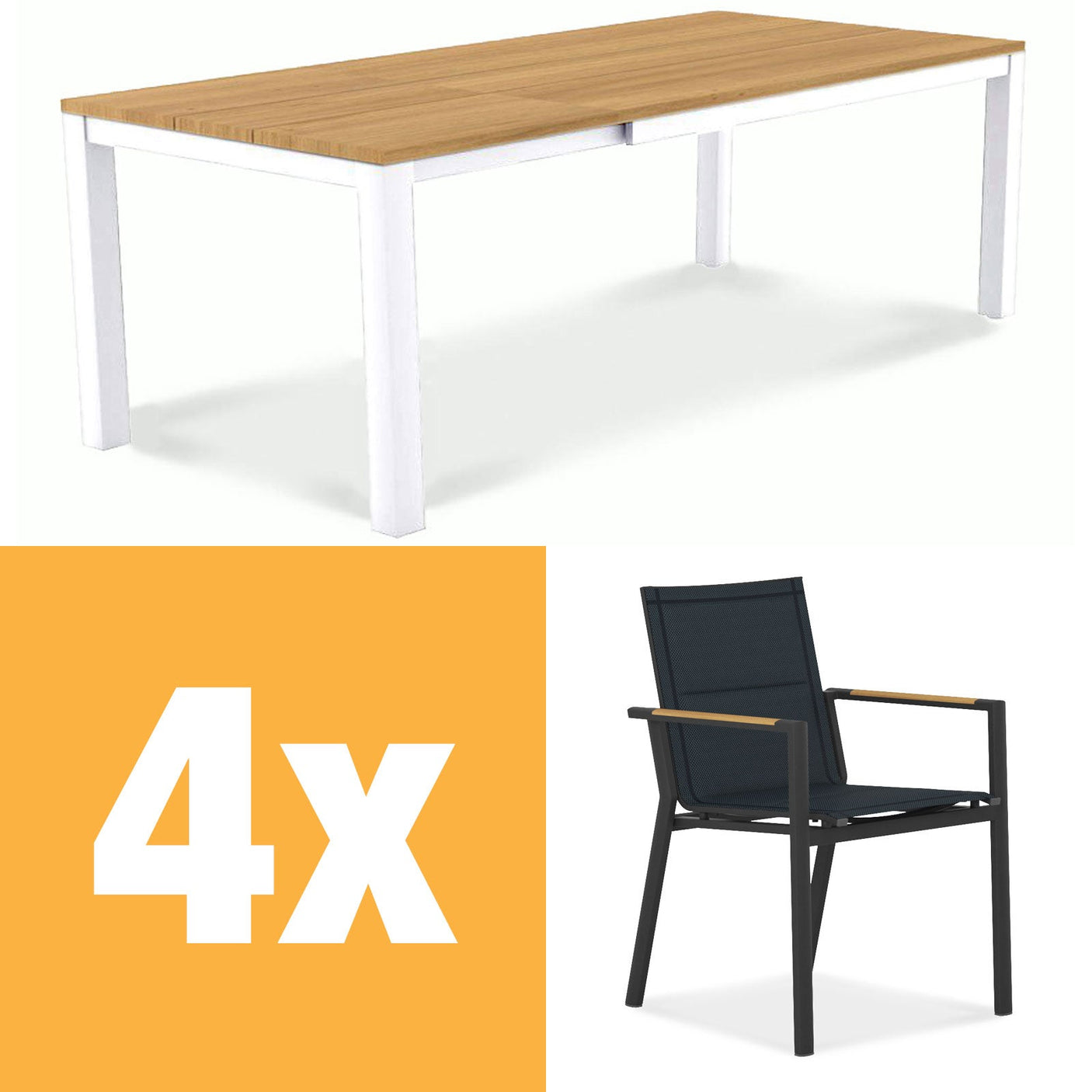 Planka aluminum front extending table 230 Set consisting of Planka aluminum front extending table 230/160 x 100 Teak Grade A brushed with aluminum frame and Gazelig stacking chairs made of aluminum and Batyline