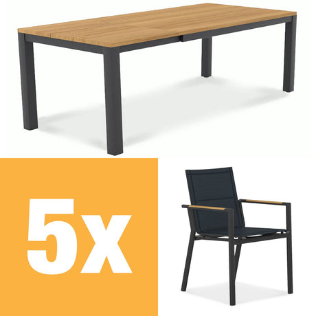 Planka aluminum front extending table 230 Set consisting of Planka aluminum front extending table 230/160 x 100 Teak Grade A brushed with aluminum frame and Gazelig stacking chairs made of aluminum and Batyline