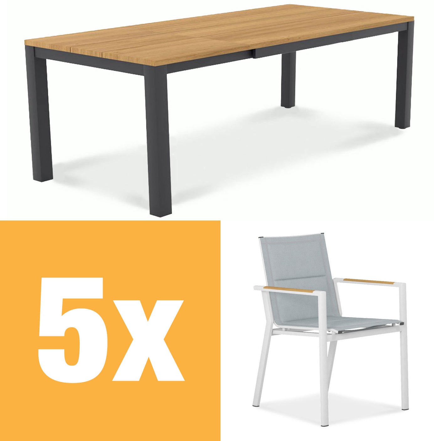 Planka aluminum front extending table set 250 consisting of Planka aluminum front extending table 250/180 x 90 Teak Grade A brushed with aluminum frame and Gazelig stacking chairs made of aluminum and Batyline