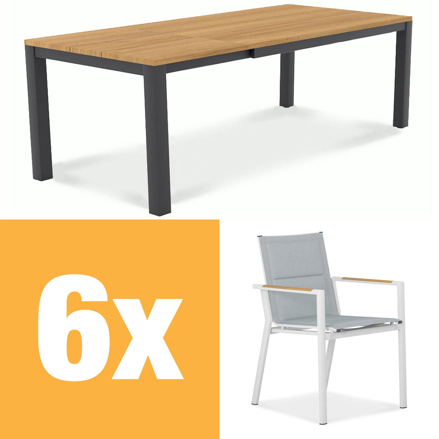 Planka aluminum front extending table 230 Set consisting of Planka aluminum front extending table 230/160 x 100 Teak Grade A brushed with aluminum frame and Gazelig stacking chairs made of aluminum and Batyline