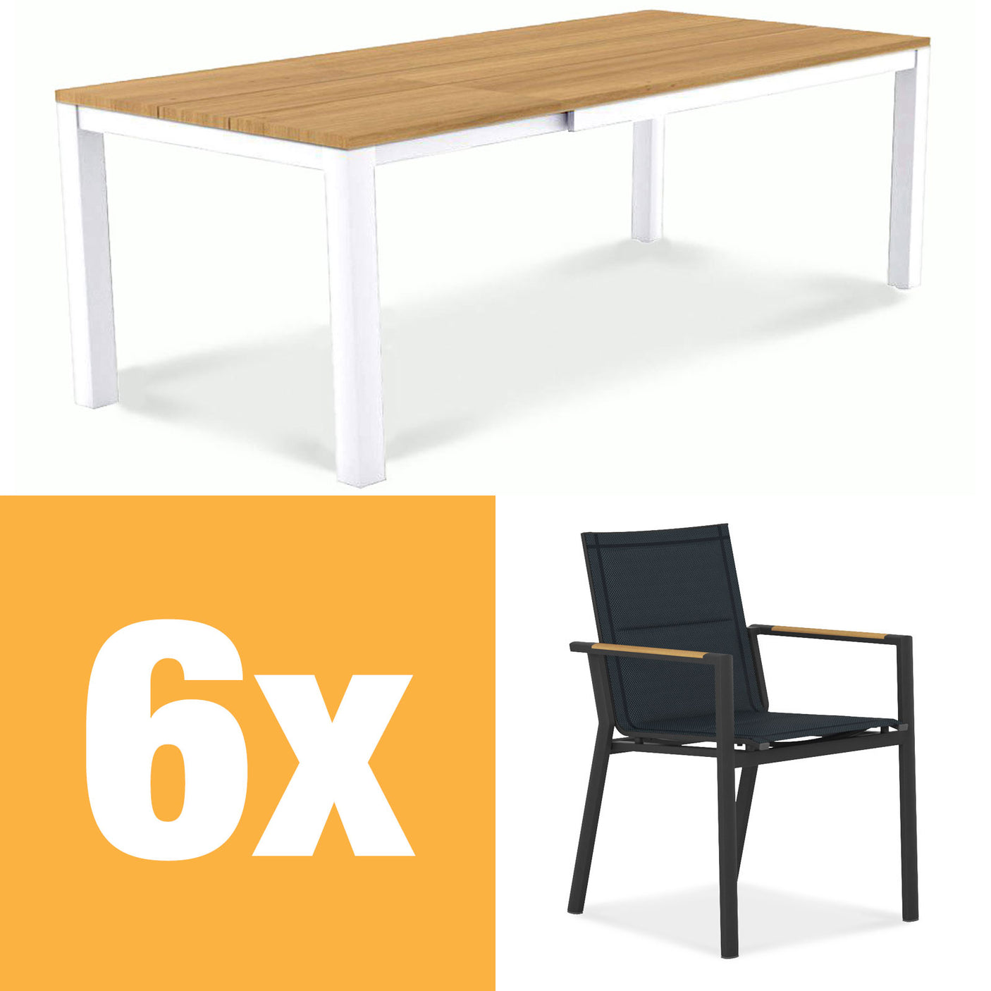 Planka aluminum front extending table set 250 consisting of Planka aluminum front extending table 250/180 x 90 Teak Grade A brushed with aluminum frame and Gazelig stacking chairs made of aluminum and Batyline
