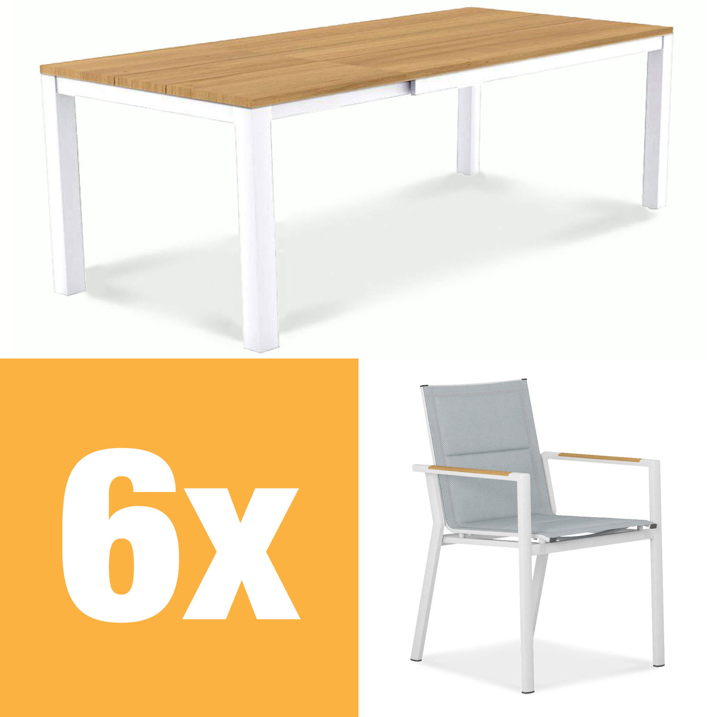 Planka aluminum front extending table set 250 consisting of Planka aluminum front extending table 250/180 x 90 Teak Grade A brushed with aluminum frame and Gazelig stacking chairs made of aluminum and Batyline