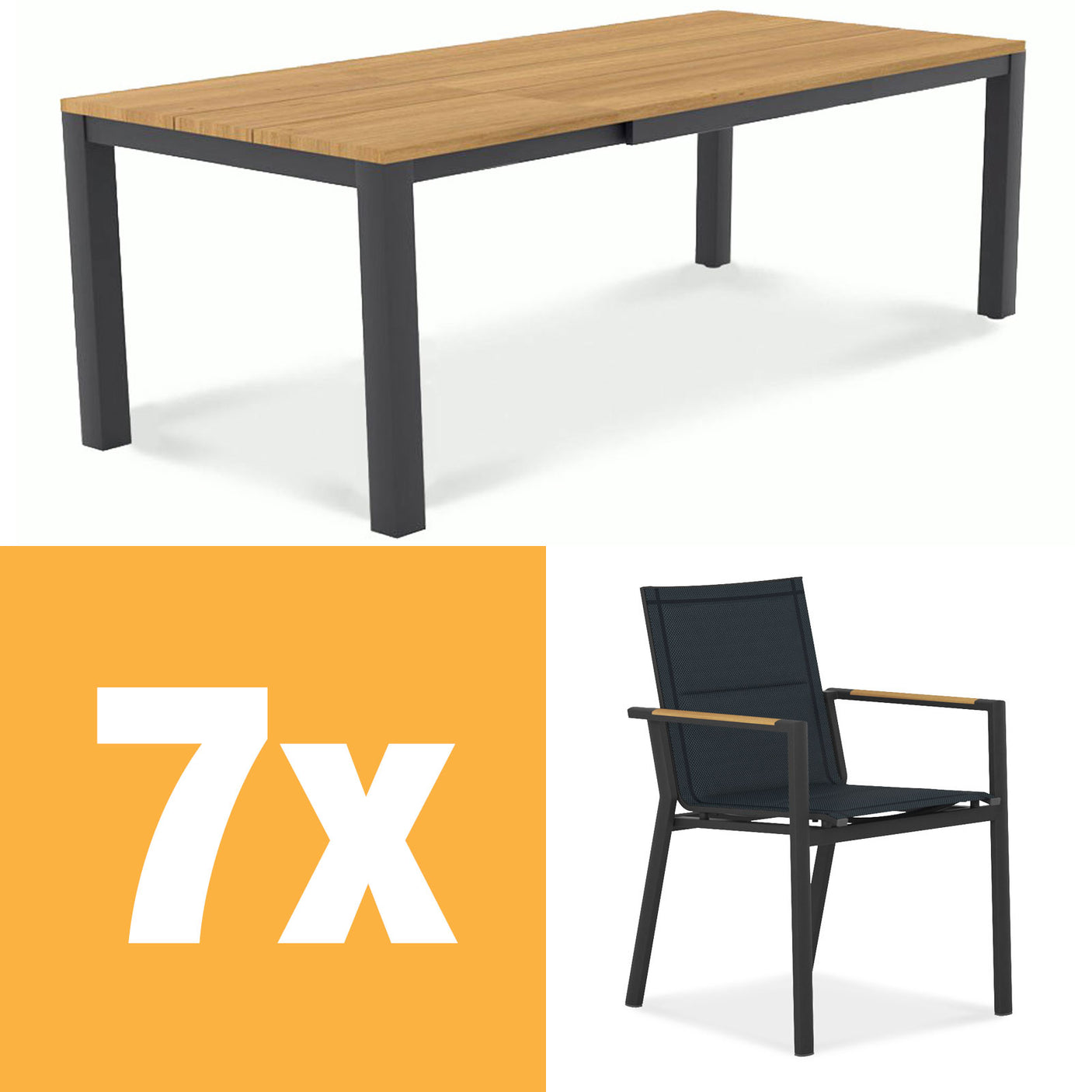 Planka aluminum front extending table set 250 consisting of Planka aluminum front extending table 250/180 x 90 Teak Grade A brushed with aluminum frame and Gazelig stacking chairs made of aluminum and Batyline