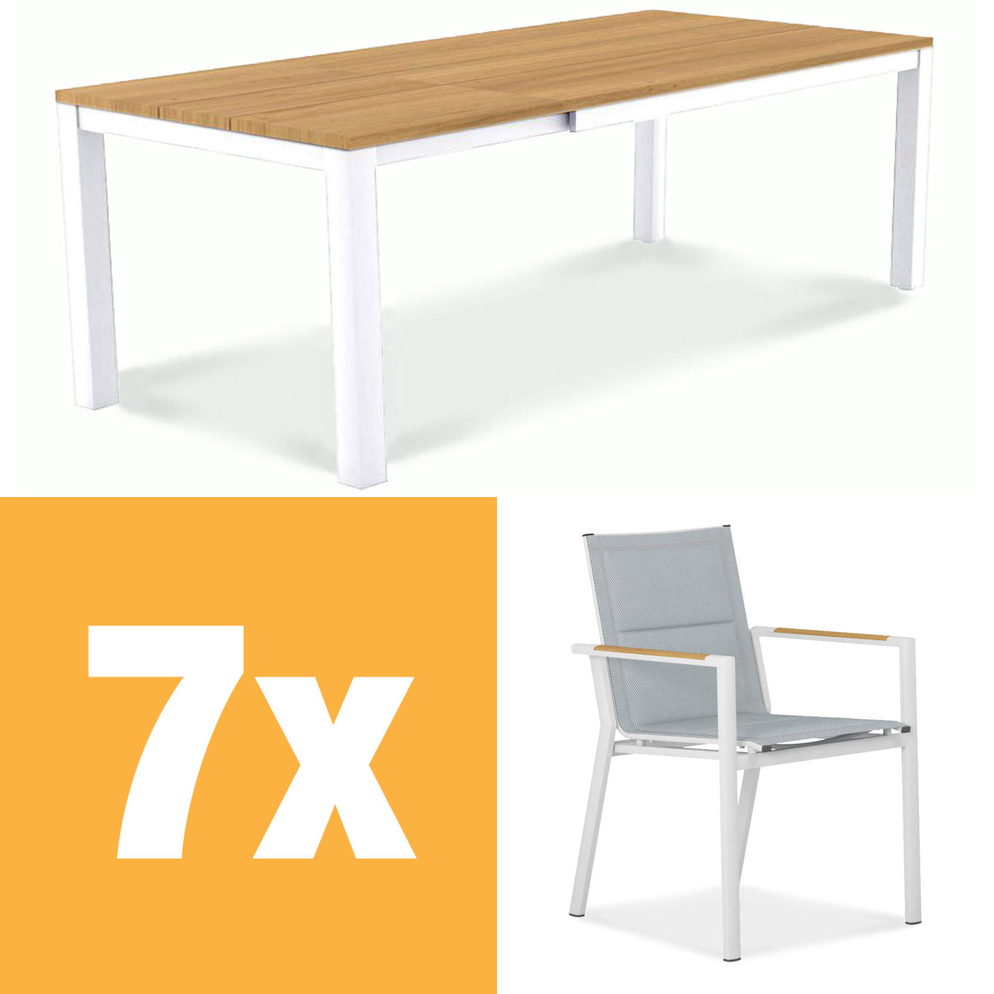 Planka aluminum front extending table set 250 consisting of Planka aluminum front extending table 250/180 x 90 Teak Grade A brushed with aluminum frame and Gazelig stacking chairs made of aluminum and Batyline