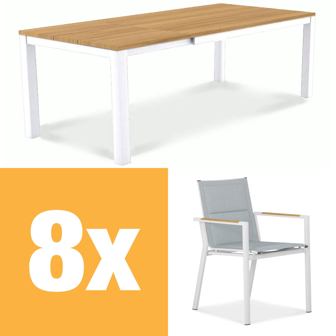 Planka aluminum front extending table set 250 consisting of Planka aluminum front extending table 250/180 x 90 Teak Grade A brushed with aluminum frame and Gazelig stacking chairs made of aluminum and Batyline