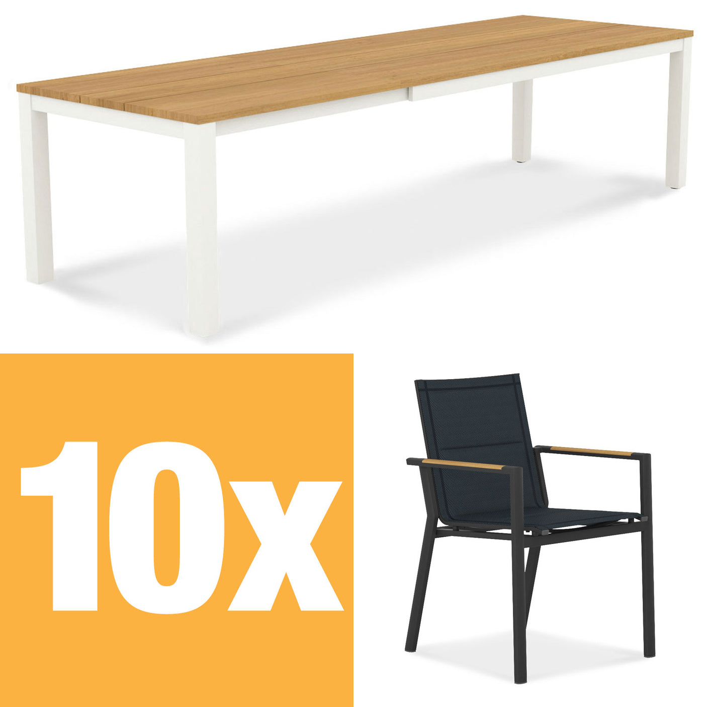 Planka aluminum front extending table 310 Set consisting of Planka aluminum front extending table 310/210 x 100 Teak Grade A brushed with aluminum frame and Gazelig stacking chairs made of aluminum and Batyline