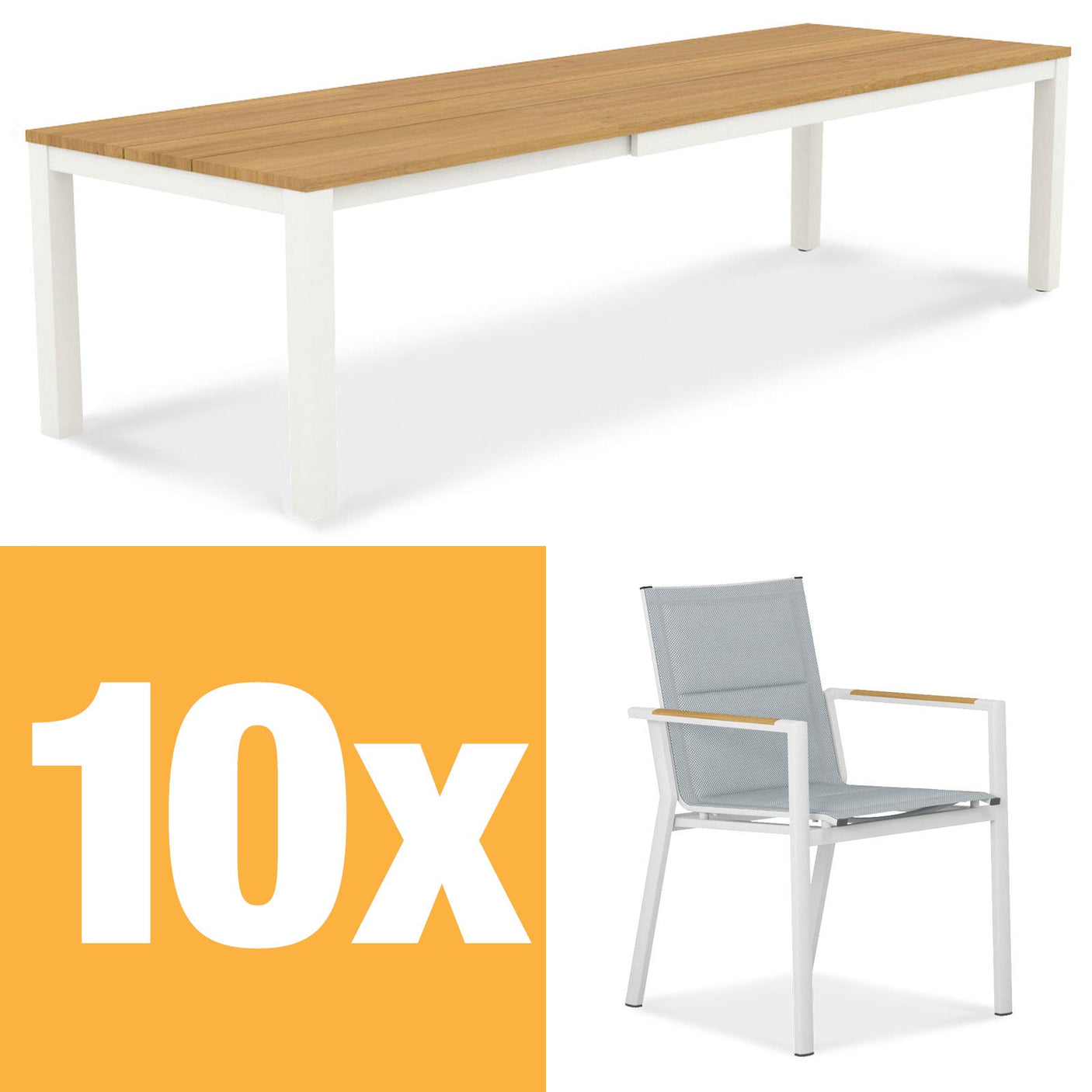 Planka aluminum front extending table 310 Set consisting of Planka aluminum front extending table 310/210 x 100 Teak Grade A brushed with aluminum frame and Gazelig stacking chairs made of aluminum and Batyline