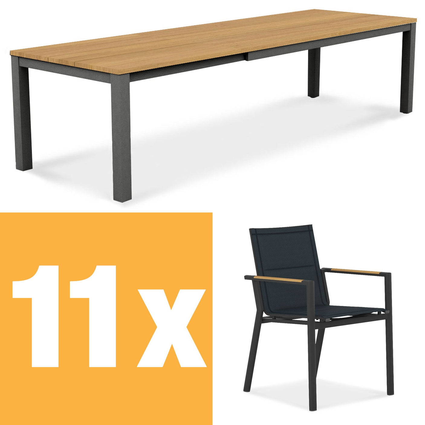 Planka aluminum front extending table 310 Set consisting of Planka aluminum front extending table 310/210 x 100 Teak Grade A brushed with aluminum frame and Gazelig stacking chairs made of aluminum and Batyline