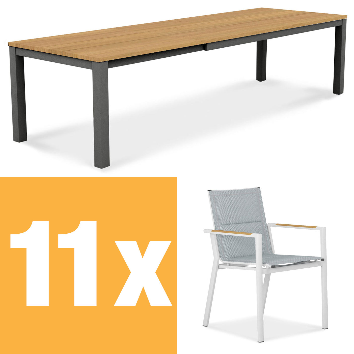 Planka aluminum front extending table 310 Set consisting of Planka aluminum front extending table 310/210 x 100 Teak Grade A brushed with aluminum frame and Gazelig stacking chairs made of aluminum and Batyline