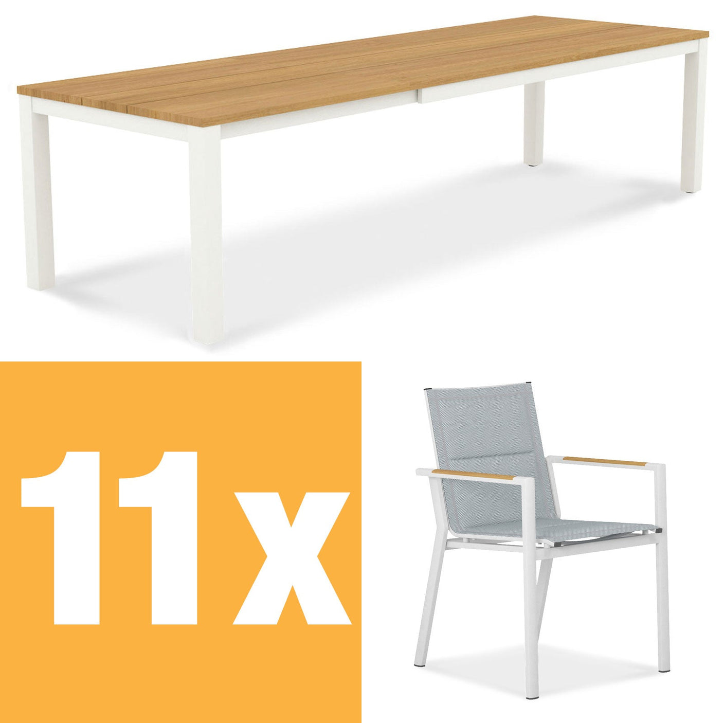 Planka aluminum front extending table 310 Set consisting of Planka aluminum front extending table 310/210 x 100 Teak Grade A brushed with aluminum frame and Gazelig stacking chairs made of aluminum and Batyline